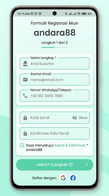 Tampilan halaman daftar andara88